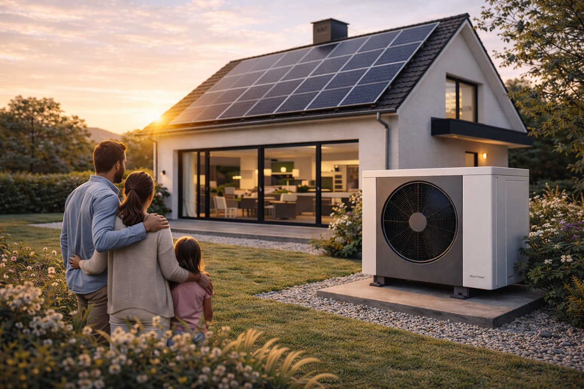 Familie vor modernem Zuhause